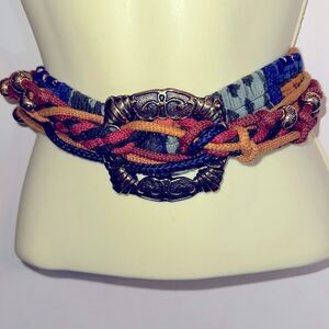 Vtg 80s/90s green, blue & gold layered statement belt with large brass buckle